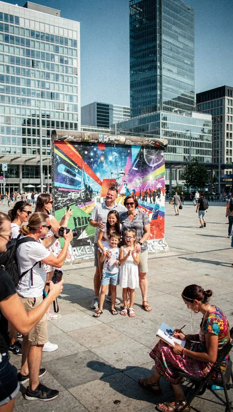 Eine Gruppe von Reisenden, die an einer geführten Tour entlang der Berliner Mauer teilnehmen und Geschichten hören.
